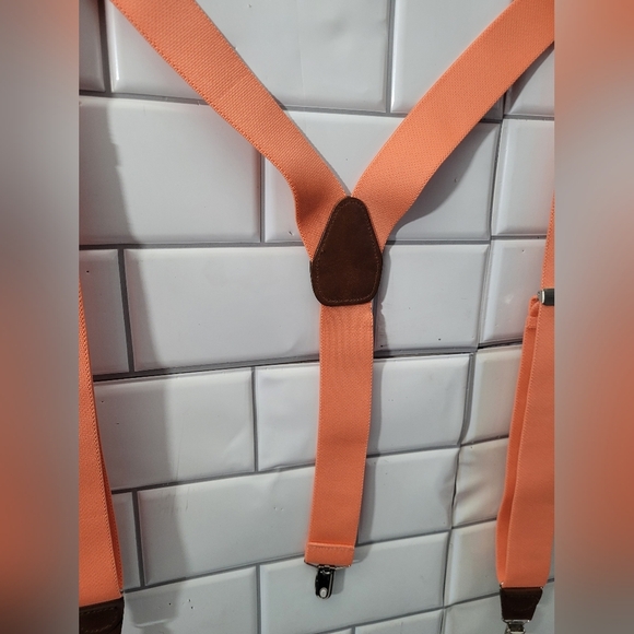 Mens Nylon Stretch Suspenders Braces Color Peach Melon Silver Faux Brown Leather - Picture 3 of 5
